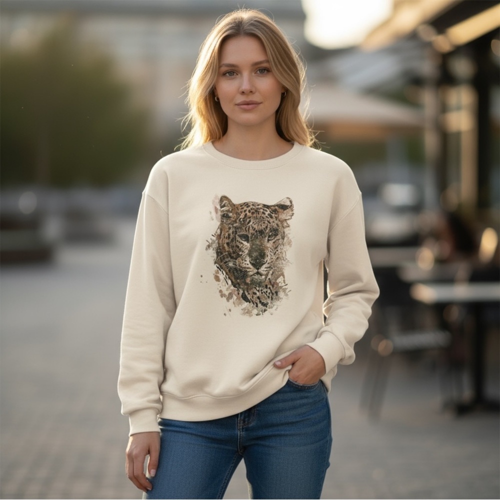 Mystree Cream Sweatshirt with Leopard Print, Medium Oversized